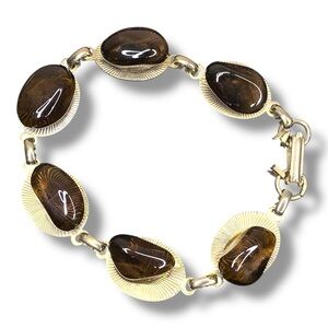 Vintage Gold Stone Bracelet Art Deco Style Faux Amber Boho Bohemian 8” Length